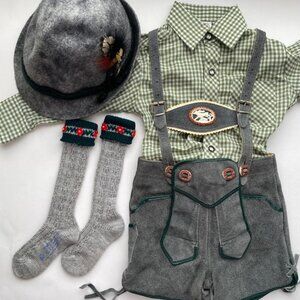 St. Peter’s Trachten Kids Vintage Lederhosen Set, Check Shirt, Socks, Hat 3T?